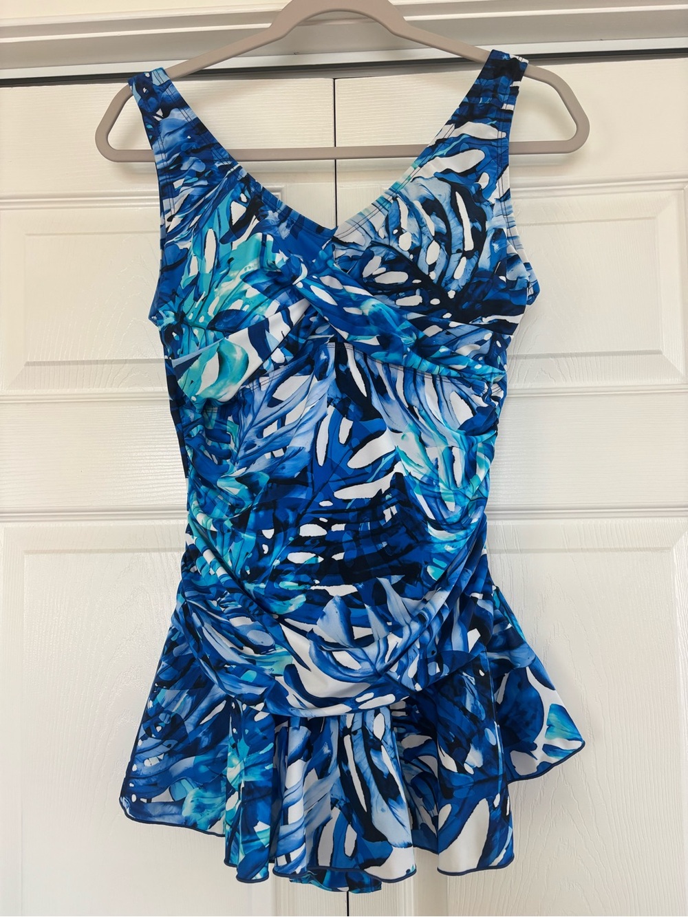 Women’s Blue Tropical-Print One-Piece Swimdress